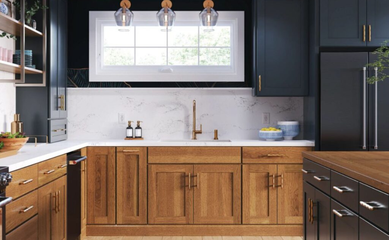 Modern kitchen with natural and blue cabinetry
