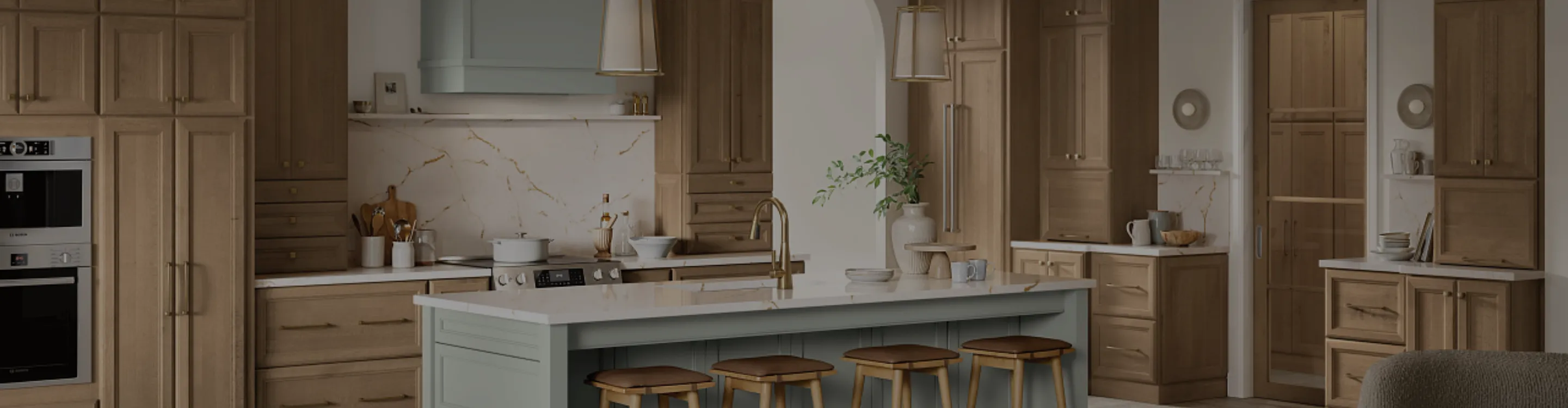 Dream Kitchen with blue and natural wood cabinets