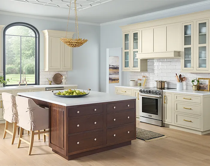 beige cabinets with dark island card