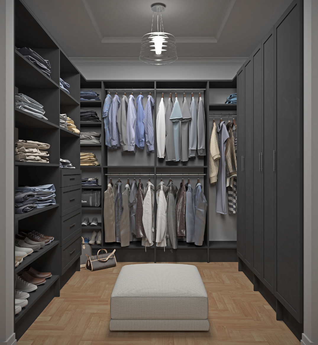 Gray walk-in storage closet